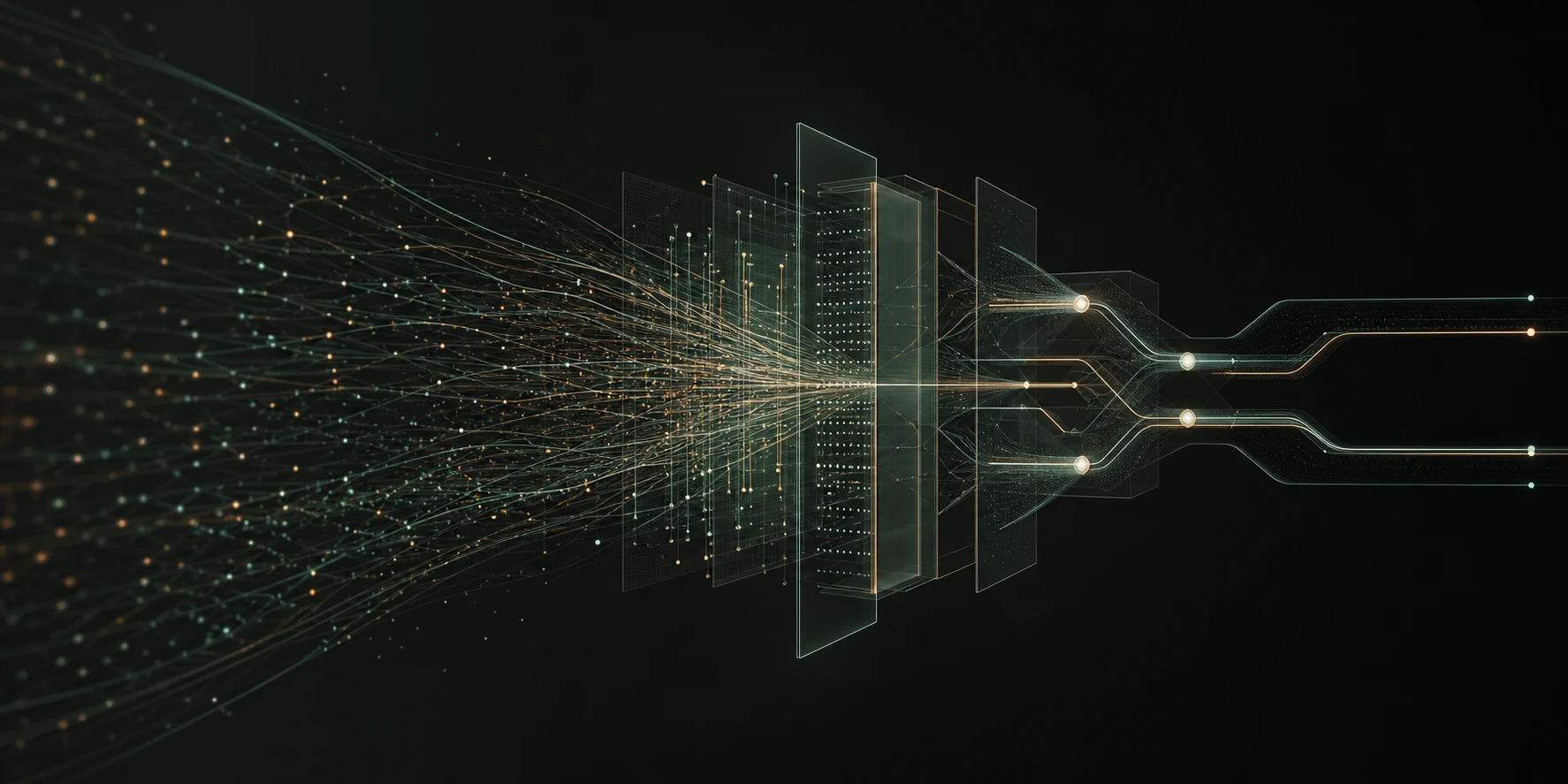 Abstract event streams passing through structured runtime layers and emerging as routed execution paths